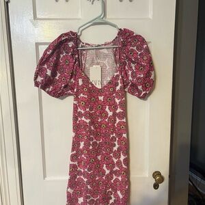 Zara Pink Floral Smocked Dress